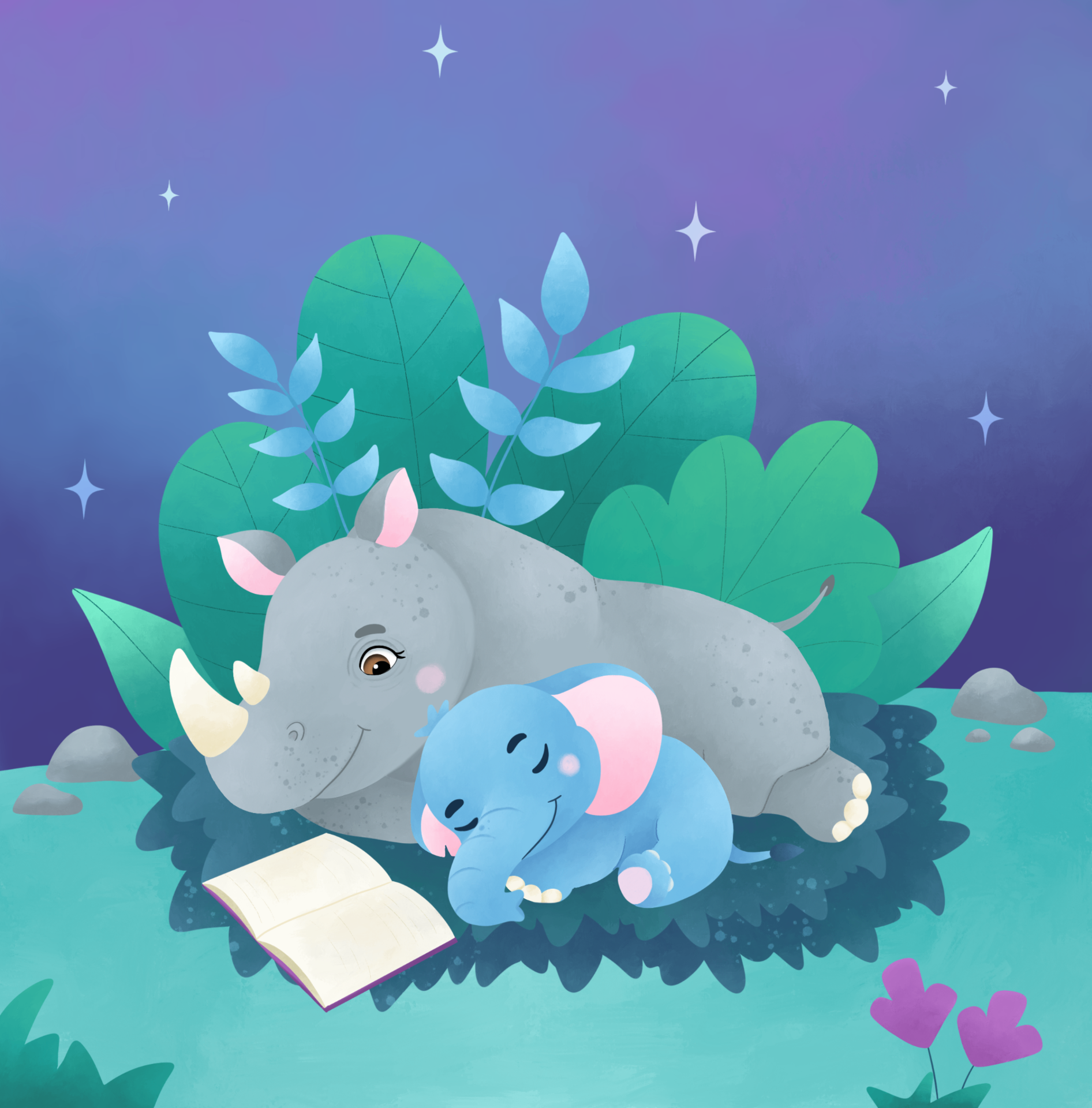 Mamá rinoceronte y Elefantito leyendo bajo las estrellas